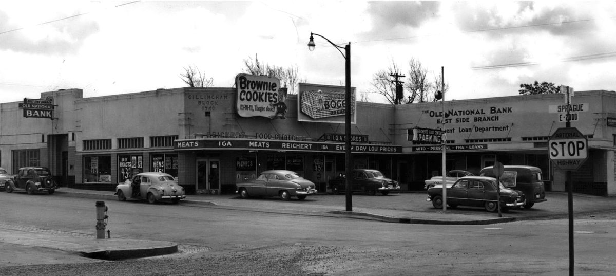 1953: The Old National Bank purchased the 13-year-old building on the southeast corner of Crestline Street and Sprague Avenue so the bank could expand the branch and use the parking area on the corner for its customers. The bank’s East Side branch had been there since 1941. Reichert’s Food Center, which had also been there since 1941 and was Alex Reichert’s only venture into grocery stores after running meat markets, closed shortly after this photo was taken. After the store left, there were series of restaurants and service businesses there. (Spokesman-Review Photo Archives)