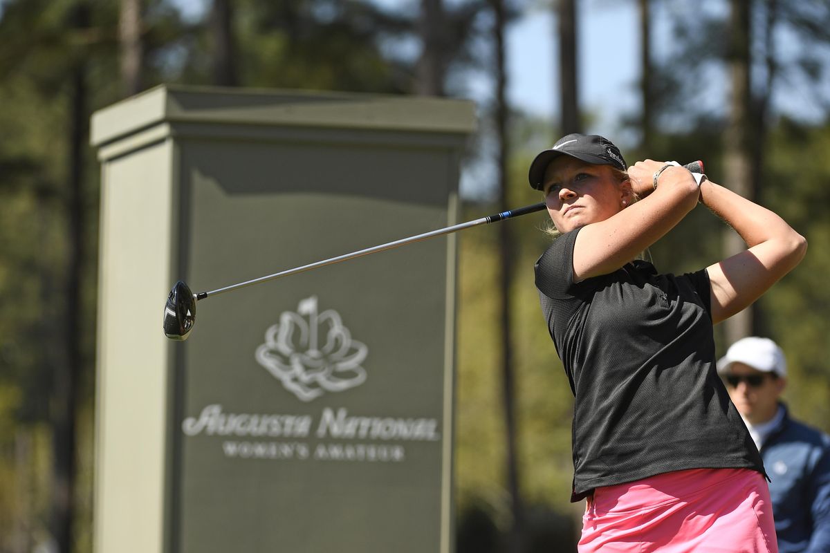 Former Idaho golfer Sophie Hausmann hits a drive during the first round of the Augusta National Women