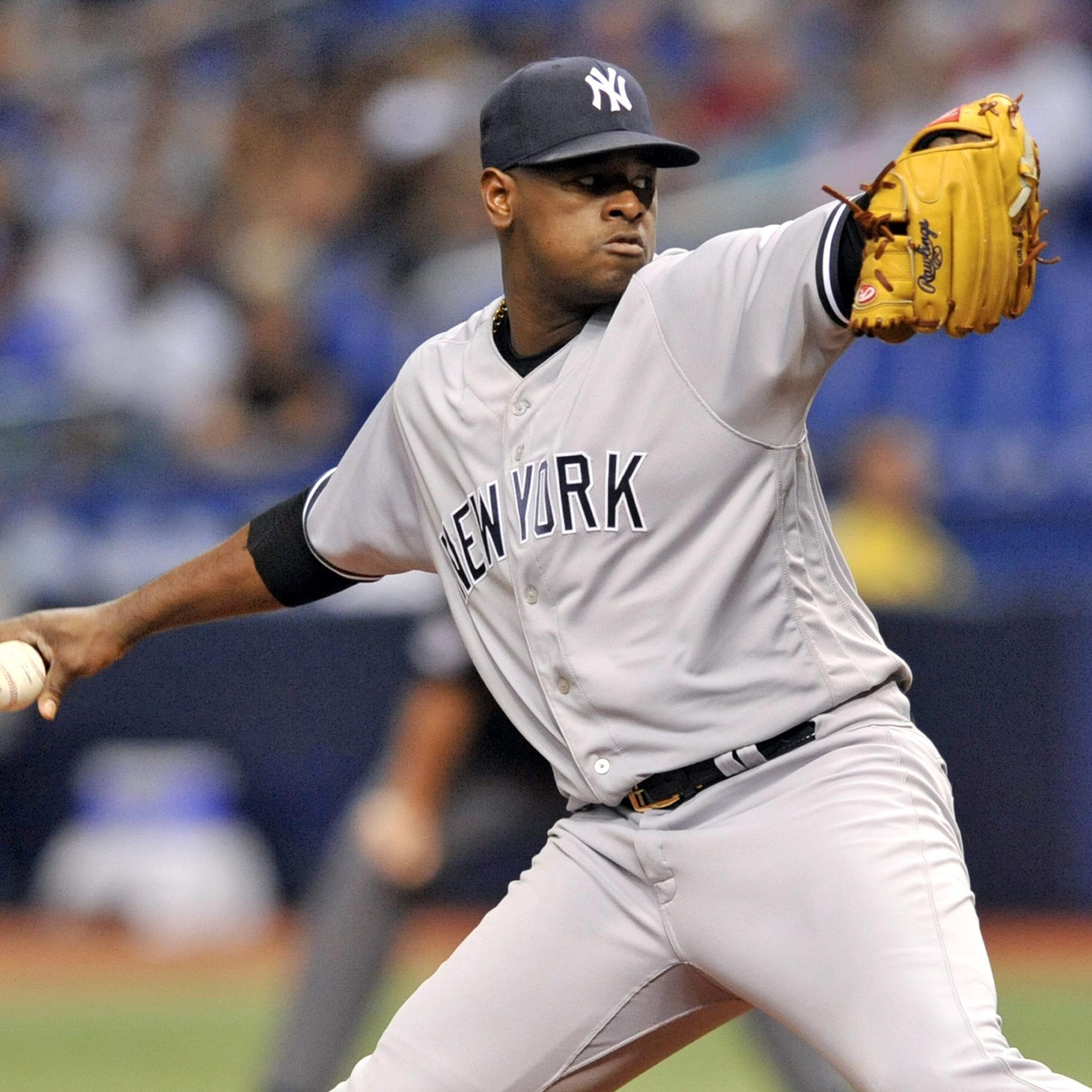 New York Yankees pitcher Luis Severino speaks to reporters before Game 2 of  an American League