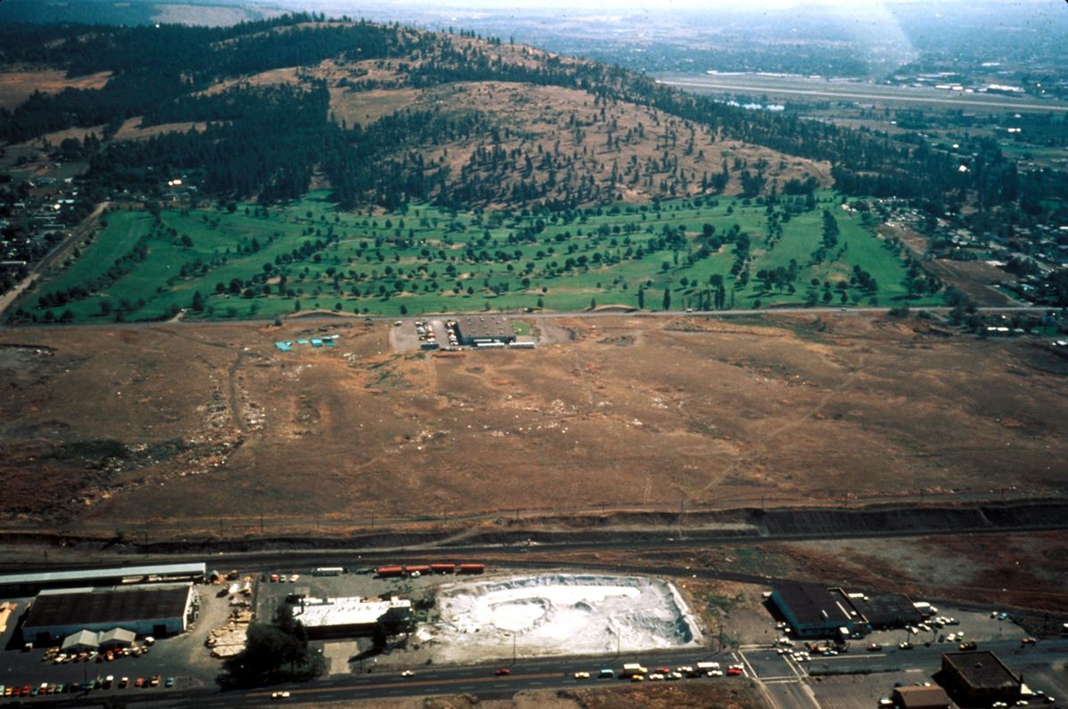 This aerial  view shows giant ripple marks in the Hillyard area of Spokane. The Esmeralda Golf Course still preserves these  features. Those in the foreground have been destroyed by subsequent commercial construction projects.  Photos courtesy of Gene Kiver (Photos courtesy of Gene Kiver / The Spokesman-Review)