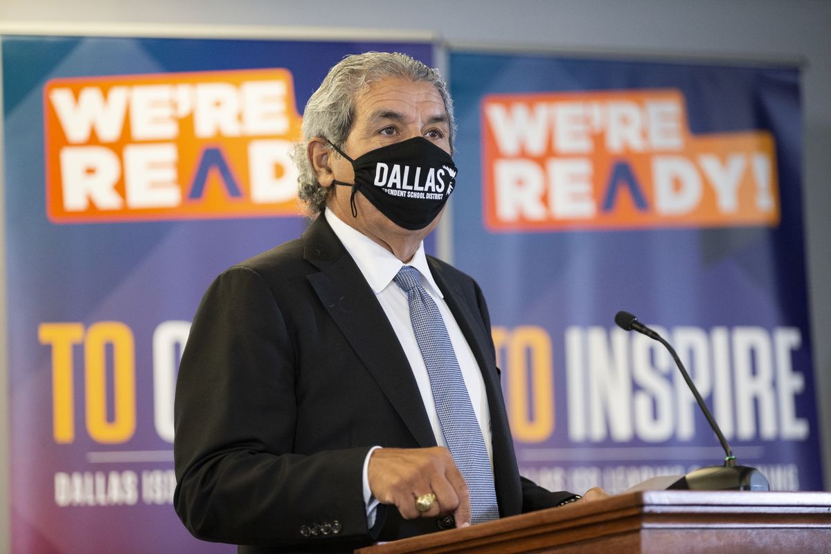 Dallas Independent School District Superintendent Dr. Michael Hinojosa announces that masks will be required at all Dallas ISD schools at DISD headquarters in Dallas, Monday, August 9, 2021. (Brandon Wade)