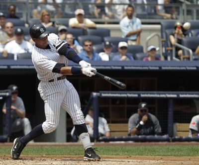 Alex Rodriguez connects for his 600th career home run during the first inning of a baseball game against the Toronto Blue Jays at Yankee Stadium on Wednesday, Aug. 4, 2010, in New York. (Kathy Willens / Associated Press)