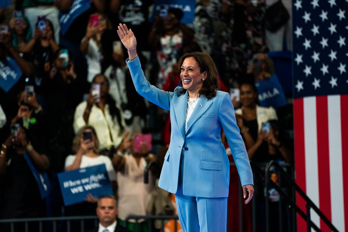 Vice President Kamala Harris takes the stage for a campaign event at the Georgia State Convocation Center in Atlanta on Tuesday.  (Demetrius Freeman)