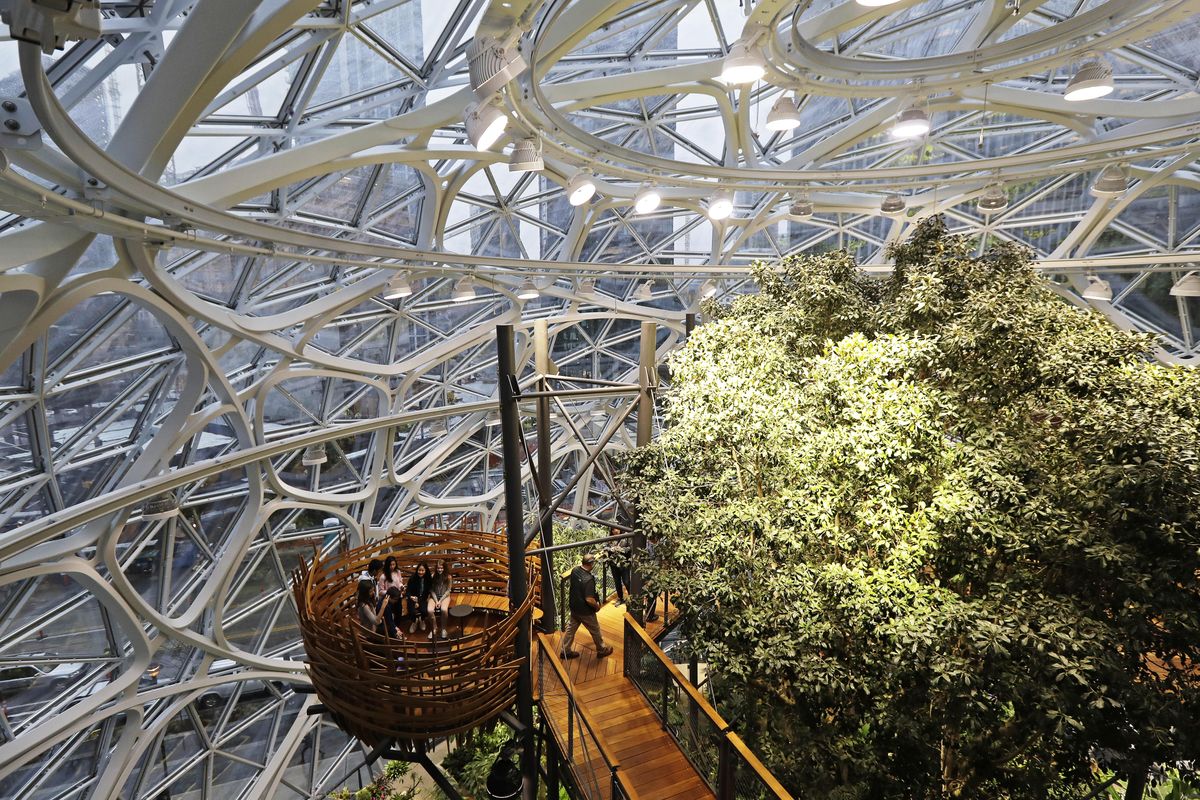 Guests sit in an area of the Amazon Spheres known as "the nest," on Jan. 29, the day of the Spheres’ grand opening in Seattle. (Ted S. Warren / Associated Press)
