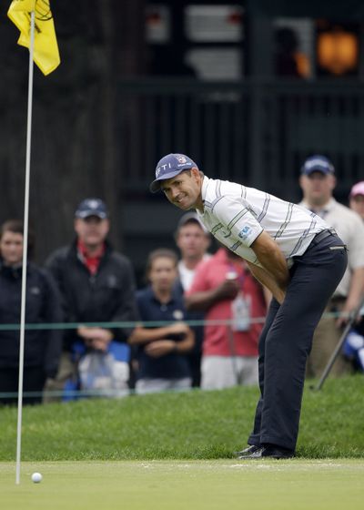 Padraig Harrington reacts to a missed chip-in for par at No. 16.  (Associated Press / The Spokesman-Review)