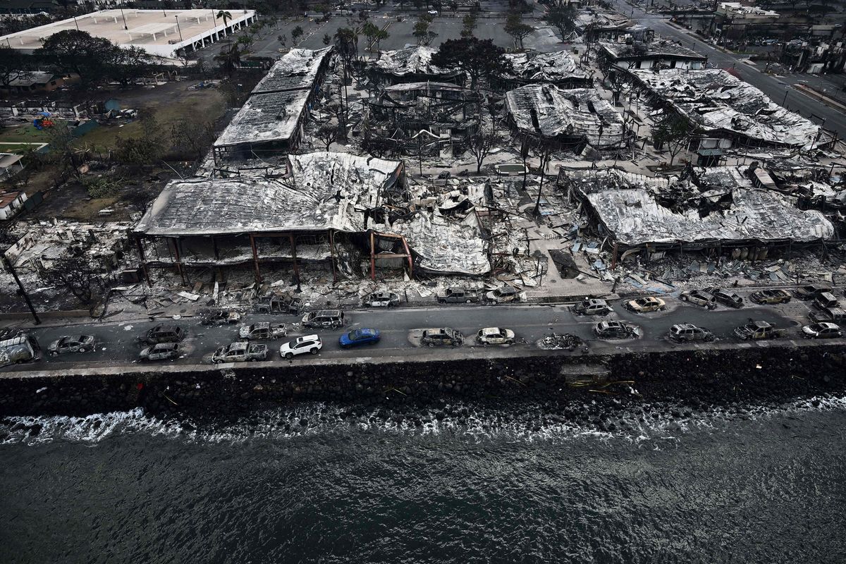 Above: An aerial image taken Thursday shows destroyed buildings on the waterfront burned to the ground in Lahaina in the aftermath of wildfires in western Maui, Hawaii. Left: Hawaii Gov. Josh Green walks and surveys the damage on Front Street in Lahaina on Friday. Destroyed buildings surround the area in the aftermath of the fire in the historic coastal beach town on Wednesday.  (Patrick T. Fallon/AFP)