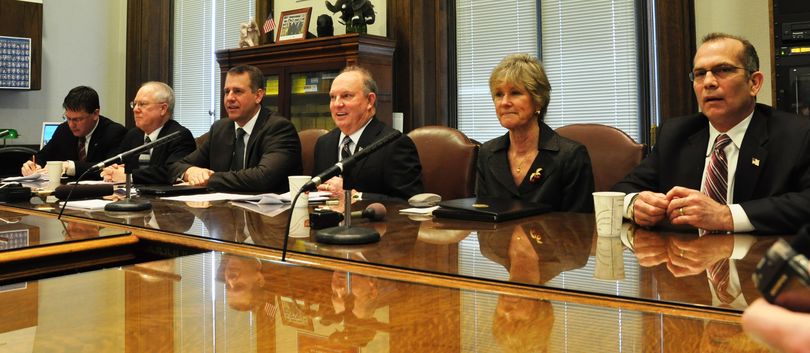 OLYMPIA -- Republican leaders respond to Gov. Chris Gregoire's State of the State address. From left: 
Rep. Charles Ross, Naches; Rep. Gary Alexander, Olympia; Rep. Richard DeBolt, Chehalis; Sen. Mike Hewitt, Walla Walla; Sen. Linda Evans Parlette, Wenatchee; Sen. Joe Zarelli, Ridgefield.
 (Jim Camden)