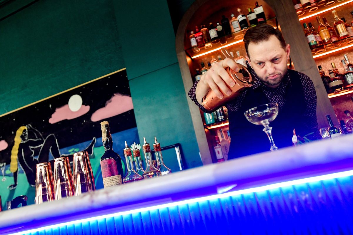 Aaron Hein, owner of Emma Rue’s, prepares a Bohemian cocktail Jan. 19 at the new cocktail bar at 17 S. Howard St.  (Tyler Tjomsland/The Spokesman-Review)