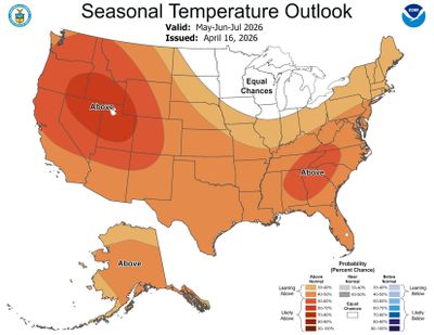 The May, June and July temperature outlook for most of the country calls for above-normal temperatures.  (National Oceanic and Atmospheric Administration)