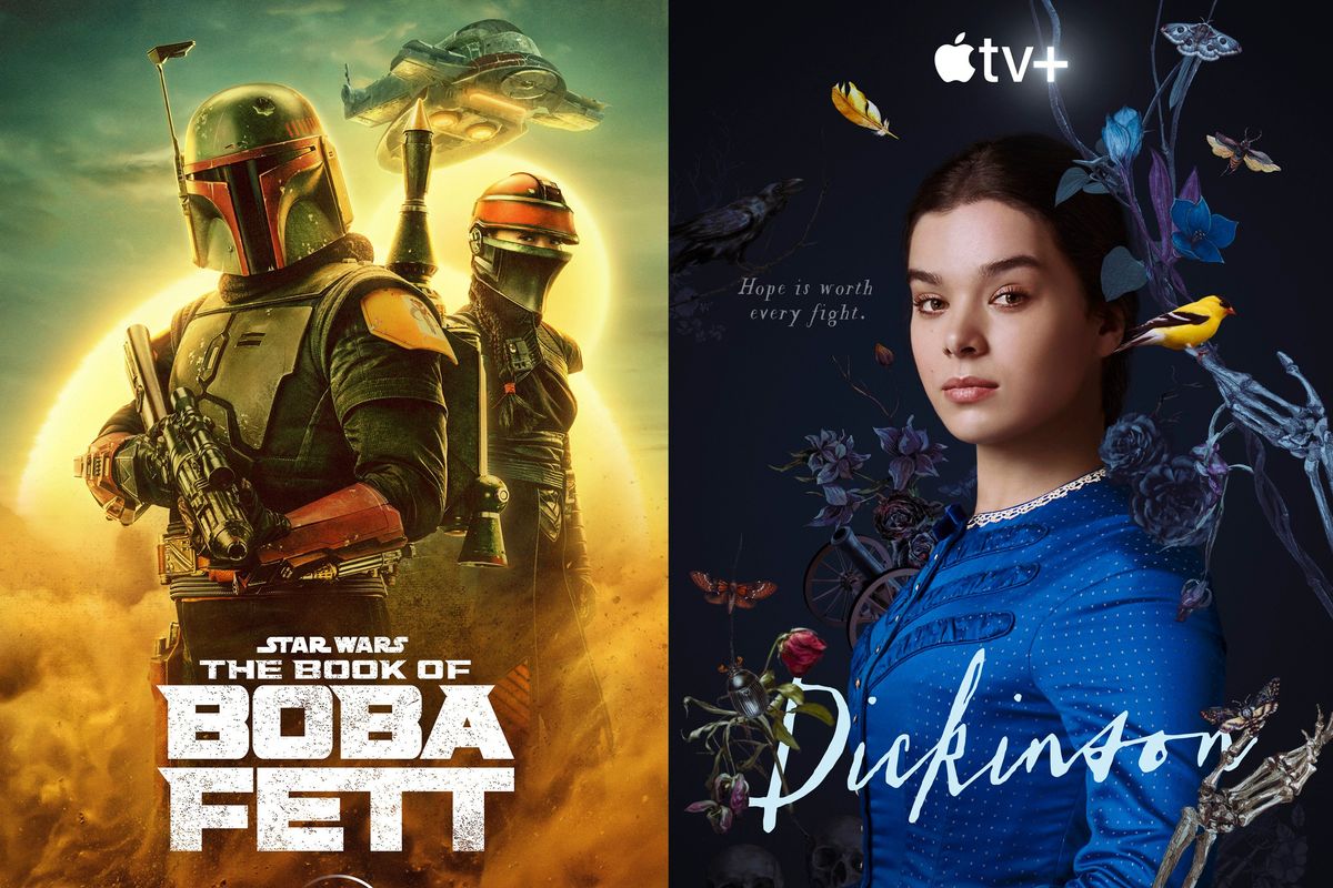 This combination of photos shows promotional art for "The Book of Boba Fett," a series premiering Dec. 29 on Disney+, left, and "Dickinson," for which the final episode of season three airs Dec. 24 on Apple TV+.  (HONS)