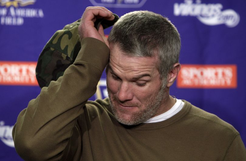 Sidelined Vikings QB Brett Favre showed his emotions at a postgame press conference. (Associated Press)