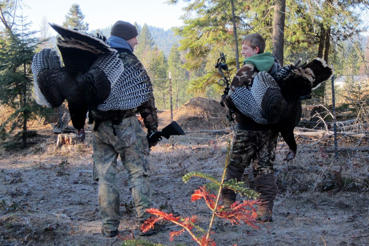 Carsen Smith and his father, Corey, walk out with a gobbler and a hen they bagged during Washington’s fall 2013 wild turkey either-sex hunting season. (Courtesy Photo / The Spokesman-Review)