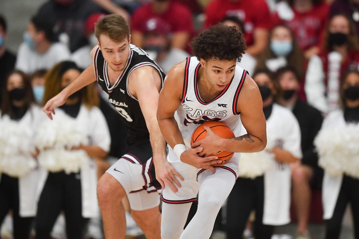 Gonzaga’s Anton Watson steals the ball from Santa Clara forward Josip Vrankic during a January 2022 West Coast Conference road game.  (By Tyler Tjomsland/The Spokesman-Review)