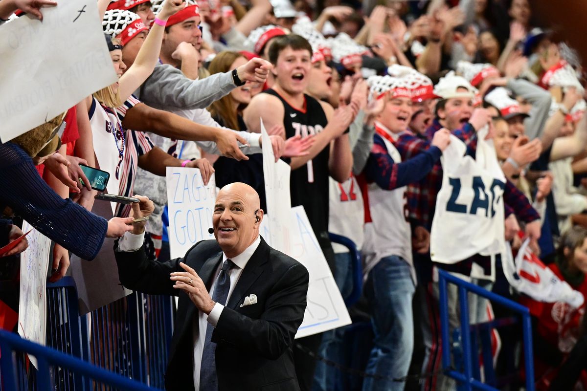 ESPN’s Seth Greenberg smiles as he visits with GU fans during a fliming of ESPN’s College GameDay on Saturday, Feb. 25, 2023, at McCarthey Athletic Center in Spokane, Wash.  (Tyler Tjomsland/The Spokesman-Review)