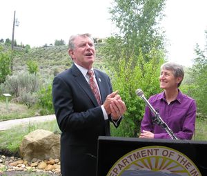 Idaho Gov. Butch Otter, left, and Secretary of the Interior Sally Jewell, right, at the Jim Hall Foothills Learning Center in Boise on Tuesday (Betsy Z. Russell)