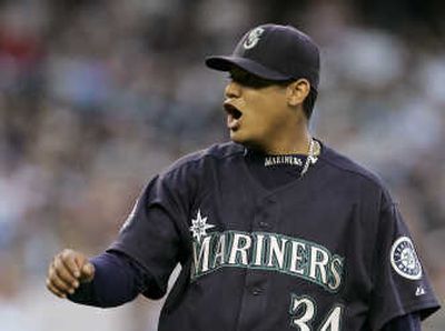 M's starting pitcher Felix Hernandez looked solid – giving up one run and four hits – through the first six innings on Monday night. Associated Press
 (Associated Press / The Spokesman-Review)