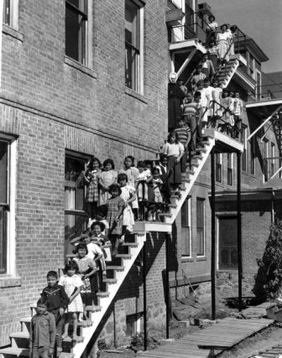
In 1953 the Sisters of Charity of Providence Convent School in Desmet, Idaho, had a new fire escape built onto their school. The students gathered on the apparatus to test it and have a photo taken. 
 (Photo archive/ / The Spokesman-Review)