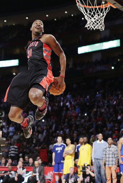Eventual winner Terrence Ross of the Toronto Raptors goes up for a dunk during NBA All-Star Saturday Night in Houston. (Associated Press)