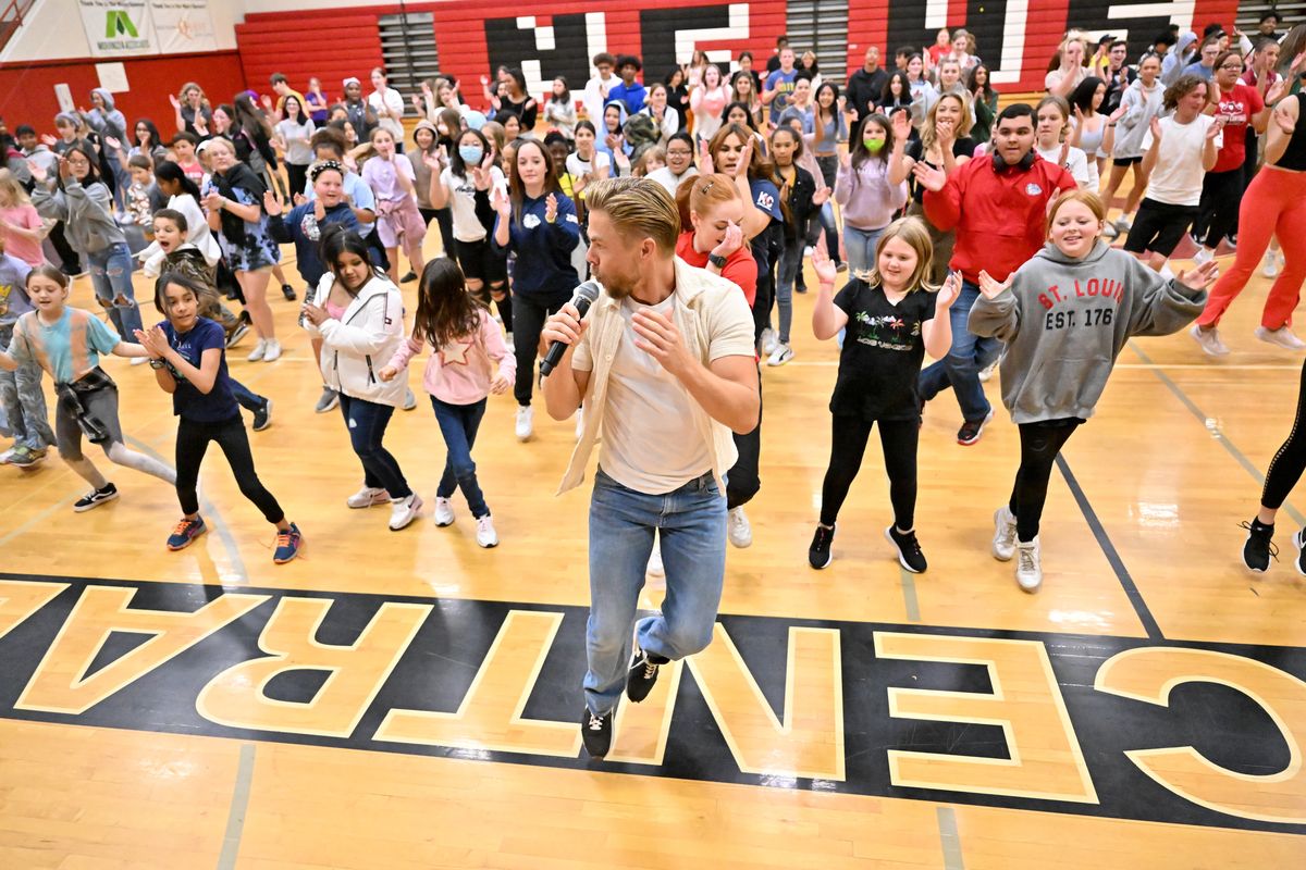 Dancing With The Stars’ Derek Hough teaches local elementary and high school students dance moves on Monday, May 8, 2023, at North Central High School in Spokane, Wash.  (Tyler Tjomsland/The Spokesman-Review)