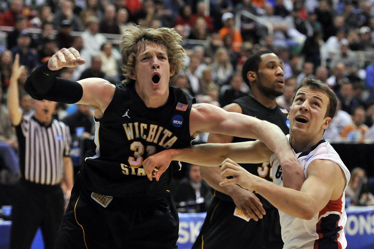 Gonzaga’s Kevin Pangos goes low on the block to battle Wichita State’s Ron Baker for a rebound in the second half. Pangos didn’t get the rebound. He scored 19 points. (Dan Pelle)