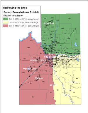 This map of the population of voting precincts in Spokane County was developed for a June 26 story on redistricting (Jim Camden/The Spokesman-Review)