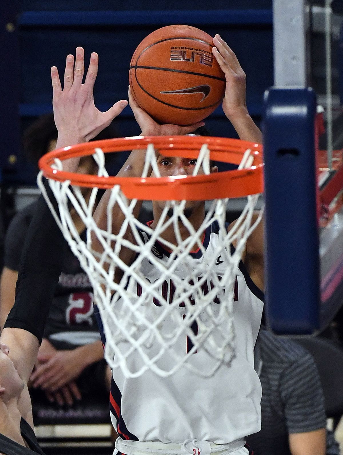 Gonzaga guard Jalen Suggs (1) eyes the net during the first half of a college basketball game, Thursday, Feb. 25, 2021, in the McCarthey Athletic Center.  (Colin Mulvany/THE SPOKESMAN-REVIEW)