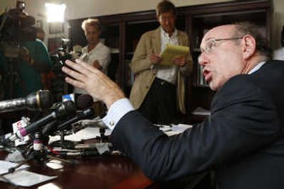 
Kenneth  Feinberg, consultant to Virginia Tech for the Hokie Spirit Memorial Fund, announces the distribution of the fund  during a press conference Wednesday in Washington. Associated Press
 (Associated Press / The Spokesman-Review)