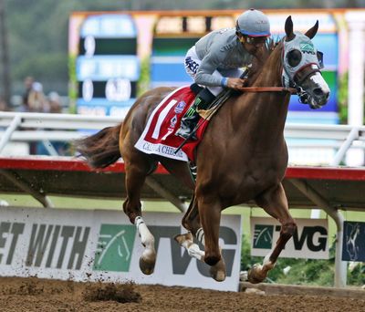 California Chrome flies down the stretch on the way to winning the Pacific Classic horse race at Del Mar, California, on Aug. 20, 2016. (Lenny Ignelzi / Associated Press)