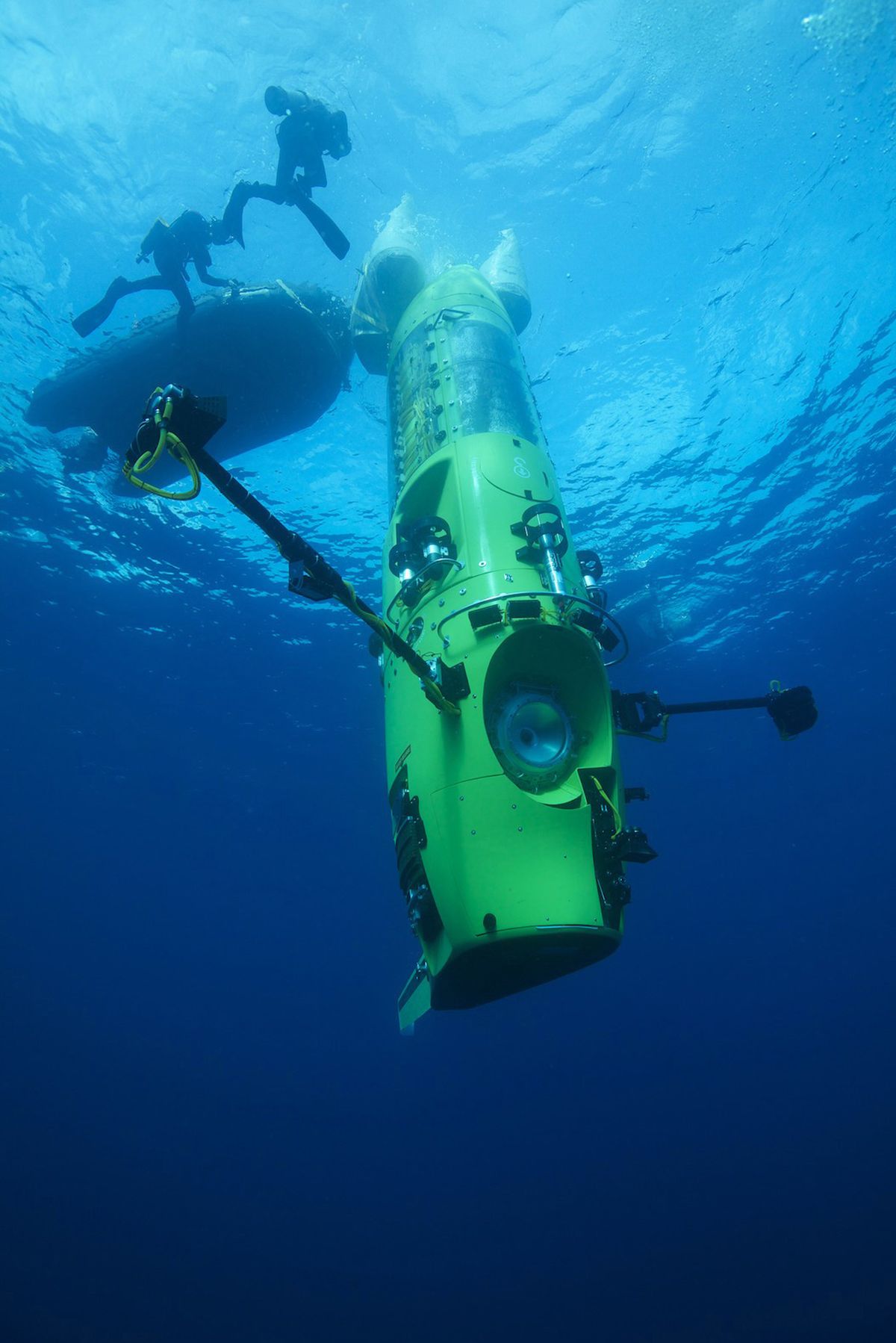 The Deepsea Challenger submersible begins its first test dive off the coast of Papua New Guinea in February. The submersible will explore the Mariana Trench, nearly 7 miles deep in the South Pacific.