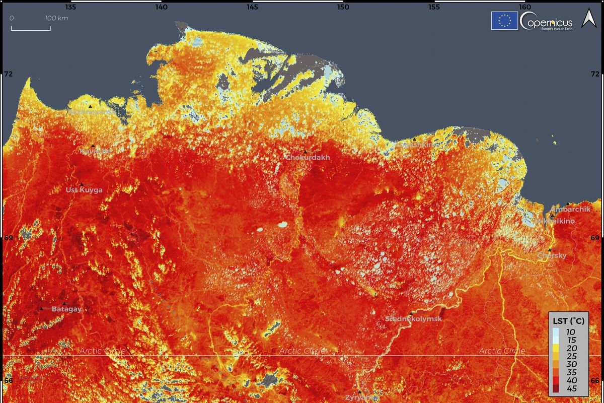 This photo taken on Friday, June 19, 2020 and provided by ECMWF Copernicus Climate Change Service shows the land surface temperature in the Siberia region of Russia. A record-breaking temperature of 38 degrees Celsius (100.4 degrees Fahrenheit) was registered in the Arctic town of Verkhoyansk on Saturday, June 20 in a prolonged heatwave that has alarmed scientists around the world.  (ECMWF Copernicus Climate Change Service)