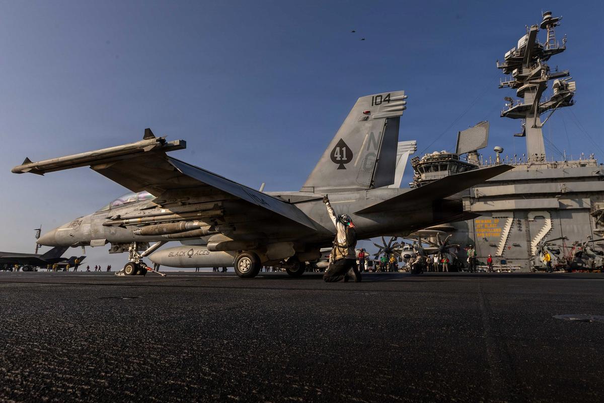 In this handout photo provided by the U.S. Navy, An F/A-18F Super Hornet, attached to Strike Fighter Squadron (VFA) 41, prepares to launch from the flight deck of Nimitz-class aircraft carrier USS Abraham Lincoln (CVN 72) of Operation Epic Fury on March 4, 2026, in the Mediterranean Sea.   (U.S. Navy/Getty Images North America/TNS)