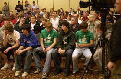 
The audience at the State B Tournament draw at the  Doubletree Hotel included a contingent from Northwest Christian that was a bit shocked to draw Willapa Valley. 
 (Liz Kishimoto / The Spokesman-Review)