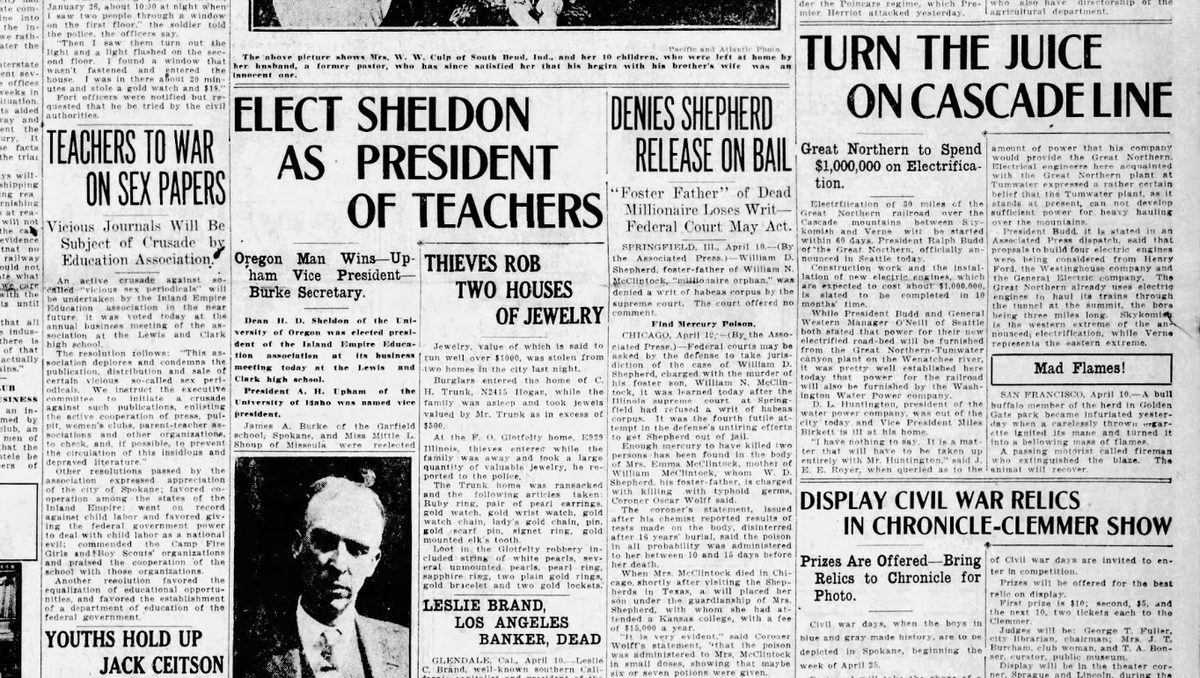 The Inland Empire Education Association voted to wage war on “vicious sex periodicals,” the Spokane Daily Chronicle reported on April 10, 1925. The newspaper also reported that the Great Northern Railroad would electrify its line over the Cascades from Skyhomish near Stevens Pass in the west for 30 miles east. (Spokesman-Review archives)