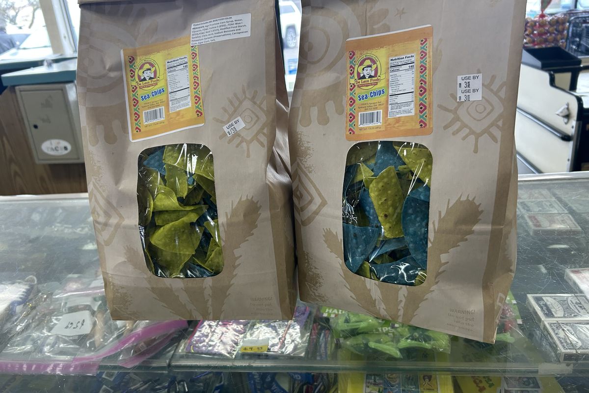 De Leon Foods is selling blue and green tortilla chips. The famous chips first hit the shelves during Super Bowl 49 in 2014, when the Seahawks matched up against the Patriots.  (Mathew Callaghan / The Spokesman-Review)