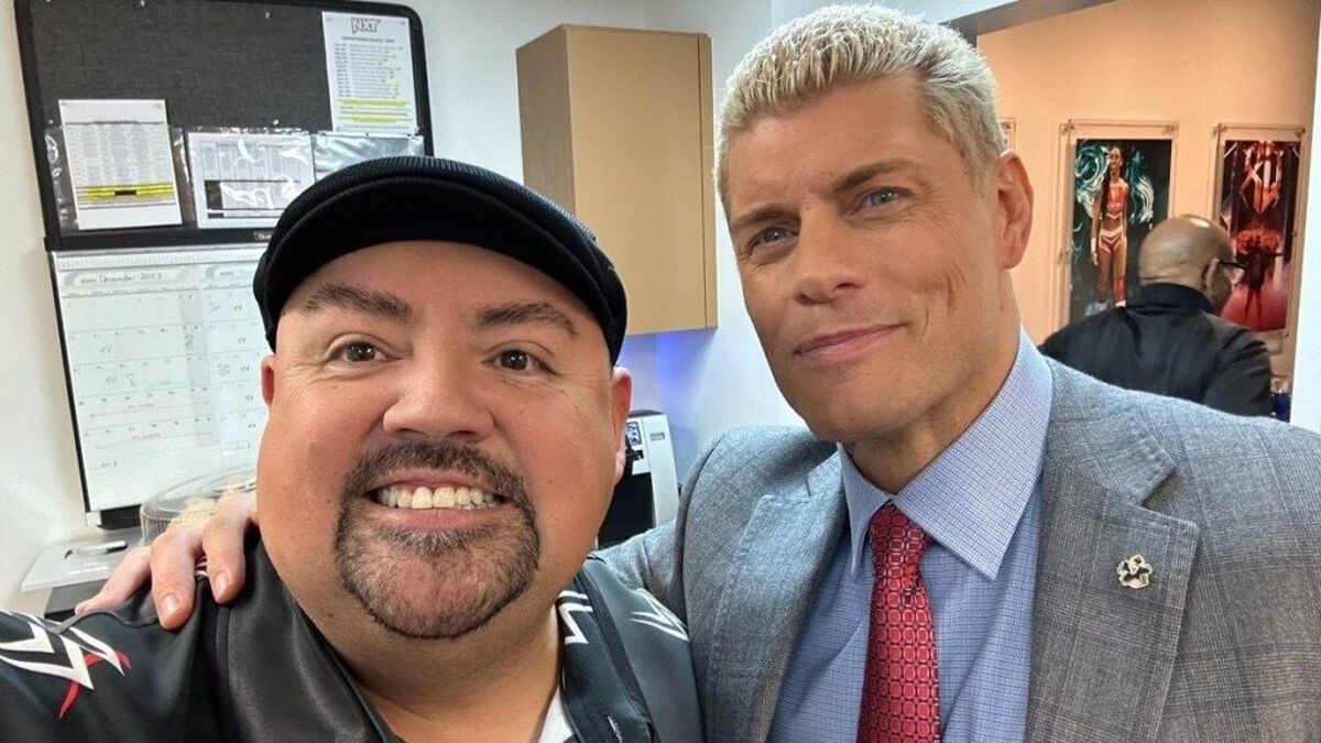 Gabriel "Fluffy" Iglesias poses with WWE Champ "American Nightmare" Cody Rhodes. Fluffy, who is a huge WWE fan, will take the Spokane Arena stage on Saturday.  (Courtesy)