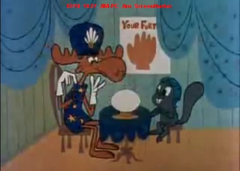 Bullwinkle looks into the crystal ball for Rocky in a still from the old Rocky and Bullwinkle Show. Image from Lunaticoutpost.com (lunaticoutpost.com)