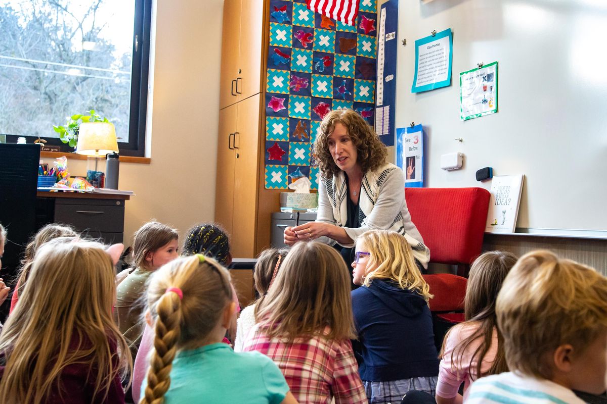 Mrs. Ellen Nessen explains changes in the newly remodeled Franklin Elementary School to her first grade class on Jan. 7, 2019. The building was vacant during 1.5 years of construction, wherein students temporarily went to school at "Camp Franklin" at 37th and Grand. (Libby Kamrowski / The Spokesman-Review)