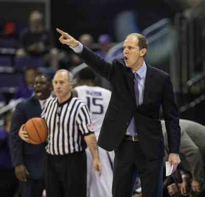 Washington head coach Mike Hopkins sets his defense in the first half against Seattle University on Nov. 24, 2017, at Alaska Airlines Arena in Seattle.  (Dean Rutz/SEATTLE TIMES)