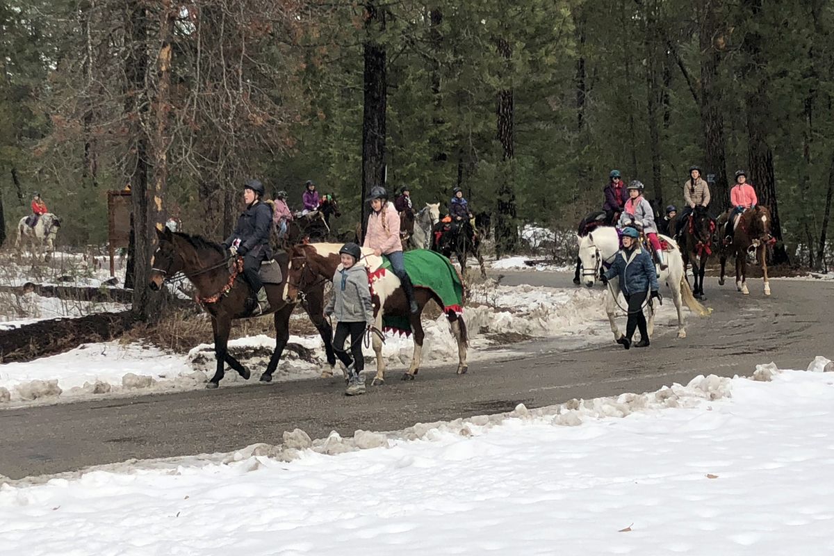 Carolers on horseback serenade residents Saturday in the Morgan Park area of Loon Lake. (Joe Palmquist)