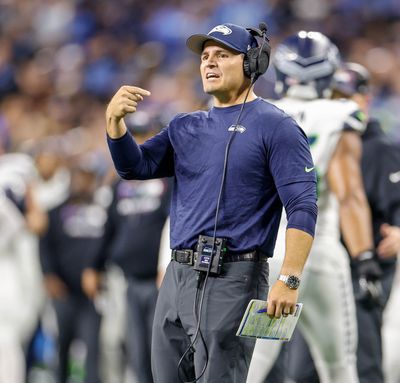 Seattle Seahawks coach Mike Macdonald calls for a two-point conversion off the Kenneth Walker touchdown in the third quarter against the Detroit Lions on Monday, Sept. 30, 2024, at Ford Field, in Detroit.  (Dean Rutz/Seattle Times)