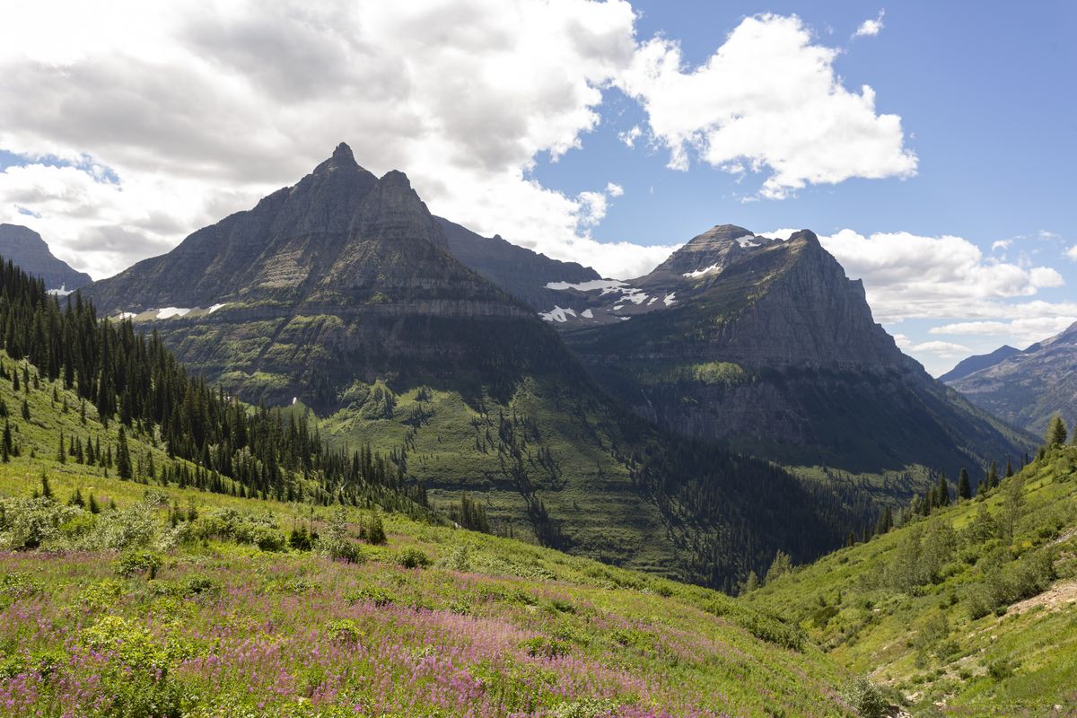 Two of the peaks, with receding glaciers, on the Going-to-the-Sun Road in Glacier National Park on Aug. 22, 2020.  (Cheryl Nichols/For The Spokesman-Review)