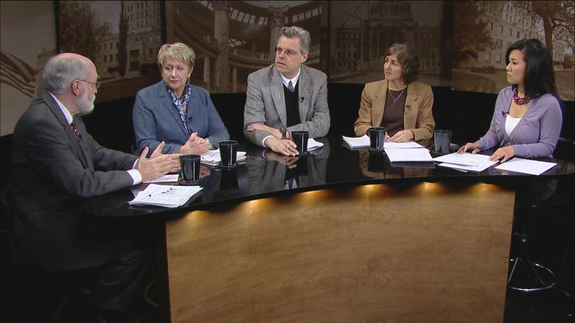 From left, Jim Weatherby, Jill Kuraitis, Kevin Richert, Betsy Russell and host Thanh Tan discuss the week's political developments on Idaho Reports, the Idaho Public Television show that airs Friday night. (Courtesy photo / Idaho Public Television)