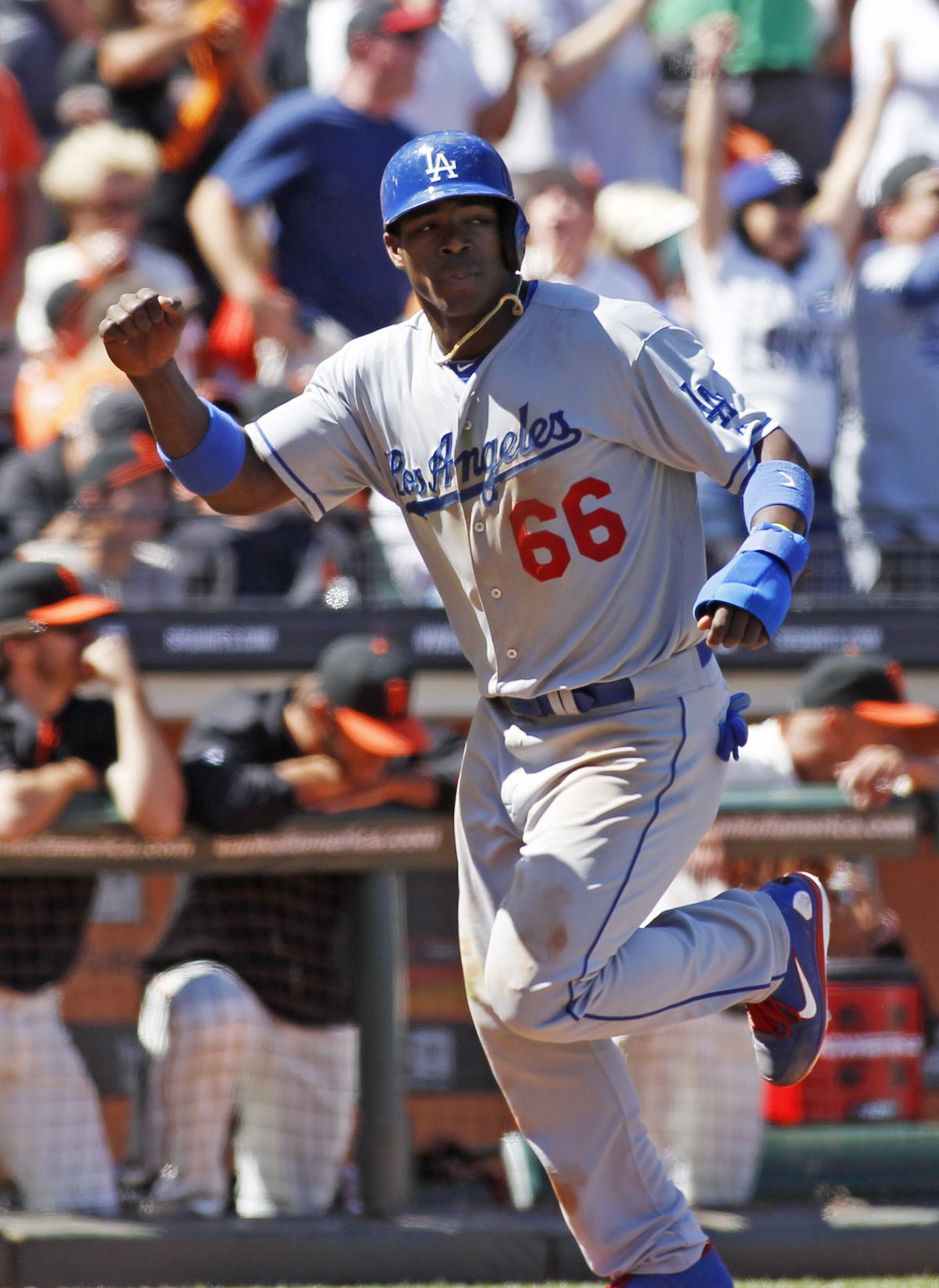 The Dodgers’ Yasiel Puig is hitting .409 this season. (Associated Press)