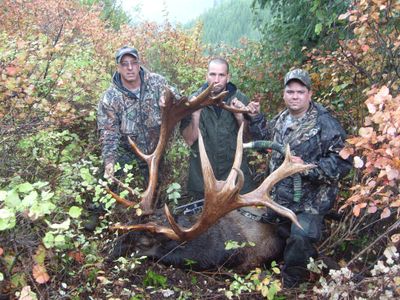 Bowhunter Andrew Hopkins of Evans, Wash., center, with his record-book bull. Hopkins was helped by his father, Jim Hopkins, left, and brother Jim Hopkins Jr., rightCourtesy of Andrew Hopkins (Courtesy of Andrew Hopkins / The Spokesman-Review)