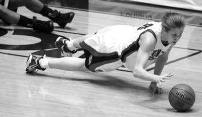 
Gonzaga's Heather Bowman dives for a loose ball during the first half of Saturday's semifinal win. 
 (Craig Mitchelldyer Special to / The Spokesman-Review)