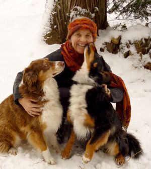 Gabrielle Duebendorfer, who lives near Sandpoint, poses with her Australian shepherds. Molly, left, was caught around the neck in a snare set by a wolf trapper in February. Duebendorfer was able to cut the cable as the dog choked.