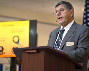 Dean Grafos delivers the 2015 State of the City address, May 6, 2015, at the Spokane Valley Mall. Grafos was the city’s mayor at the time. (Dan Pelle /SR photo)