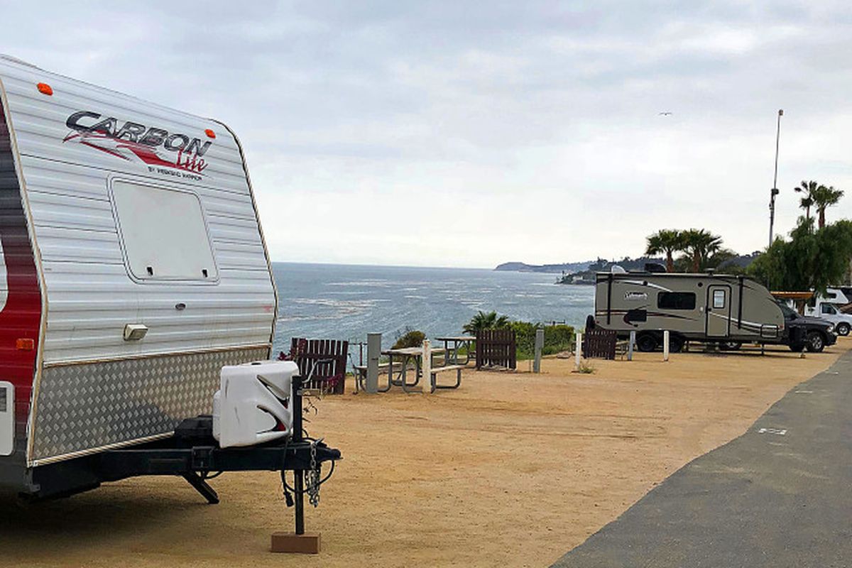 The spaces are skinny, but the views are stunning at this old school RV resort in Malibu.  (Leslie Kelly)