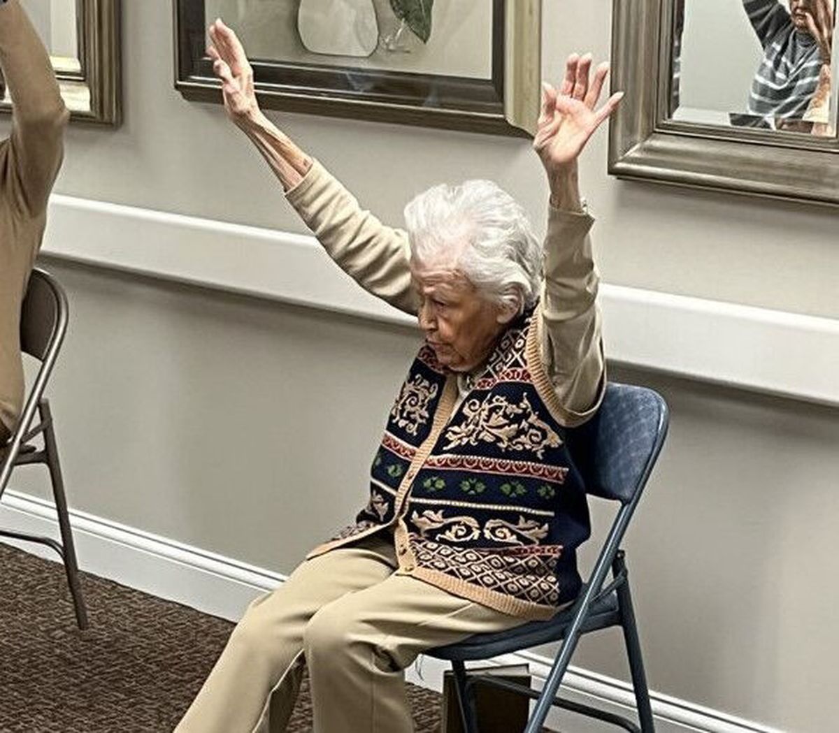 Jean Bailey, 102, has been teaching exercise class four times a week in the hallway of Elk Ridge Village Senior Living in Omaha. She has no desire to slow down.    (Courtesy of Elk Ridge Village Senior Living/Handout)