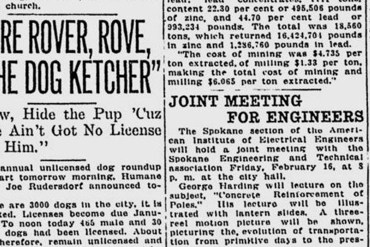 The city’s humane officer (dogcatcher) said that there were about 3,000 dogs in Spokane, but only about 500 had licenses, the Spokane Daily Chronicle reported on Feb. 13, 1917. (Spokesman-Review archives)